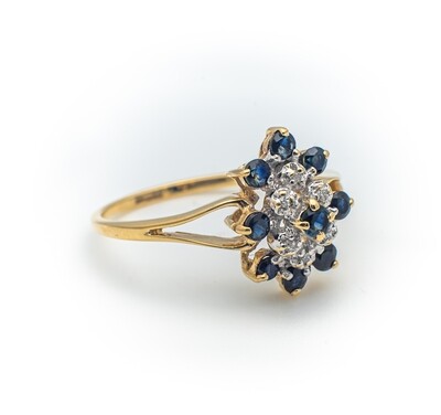 10k Gold Ring with Dark Blue Gemstones and Diamonds. SIZE-8