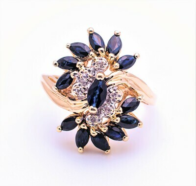 14k Gold Ring with Dark Blue Gemstones and Diamonds. SIZE-7.0