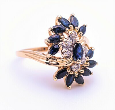 14k Gold Ring with Dark Blue Gemstones and Diamonds. SIZE-7.0