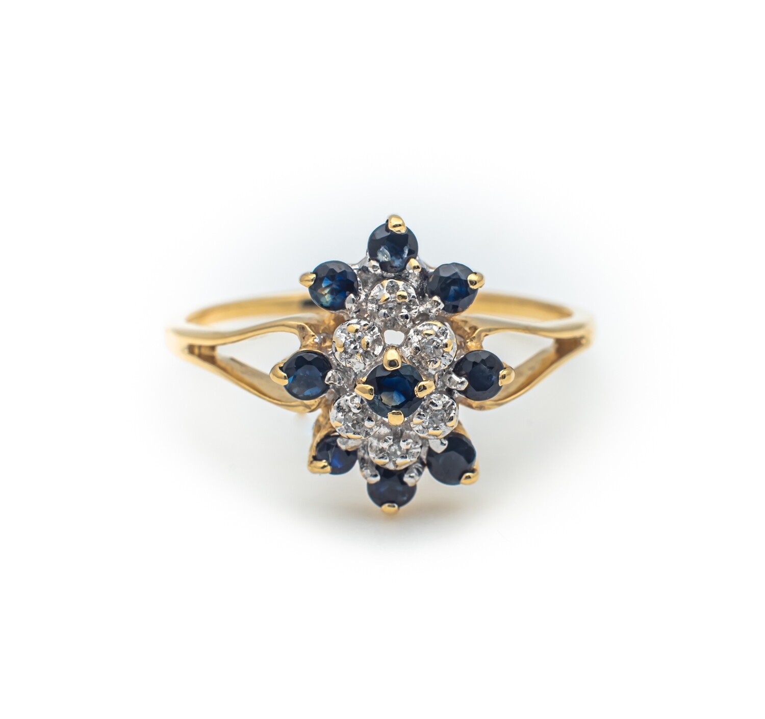 10k Gold Ring with Dark Blue Gemstones and Diamonds. SIZE-8