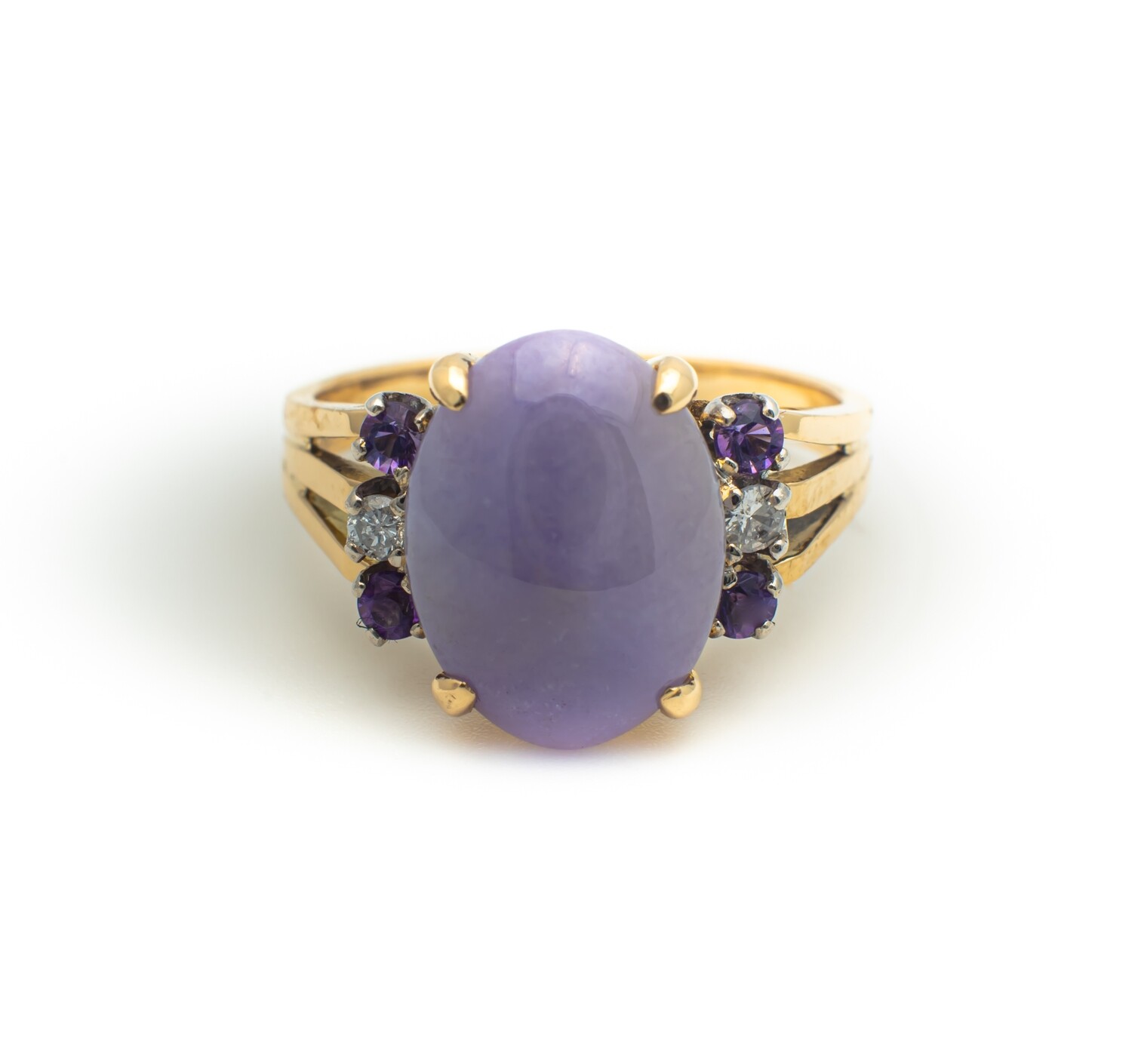 14k Gold Ring with Purple Gemstones and Diamonds. SIZE-4.5