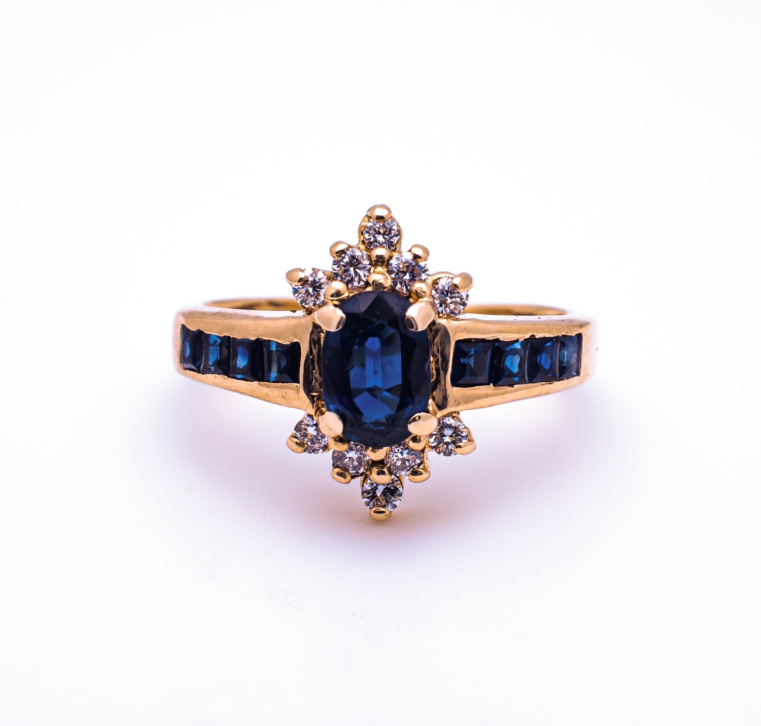 14k Gold Ring with Blue Gemstones and Diamonds. SIZE-5.0