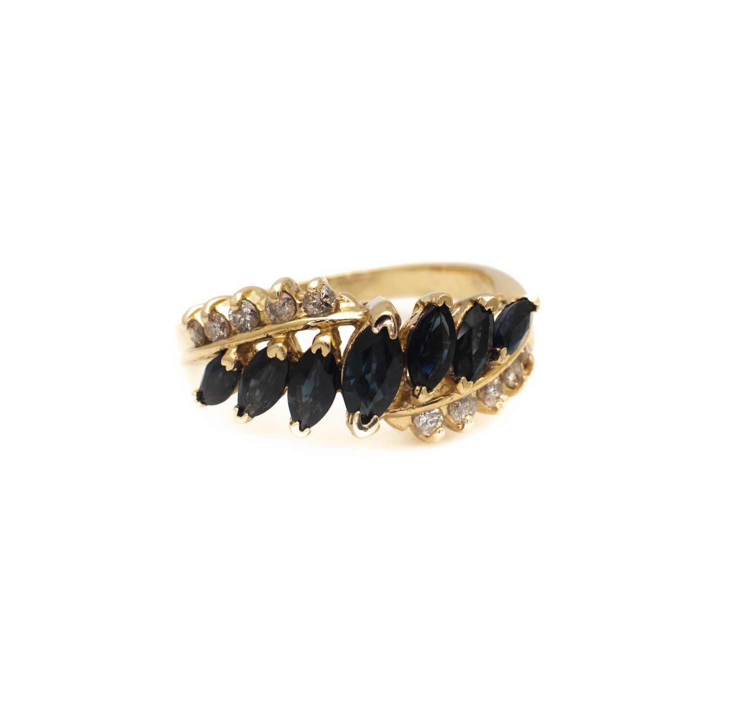 14k Gold Ring with Blue Gemstones and Diamonds. SIZE-6.5