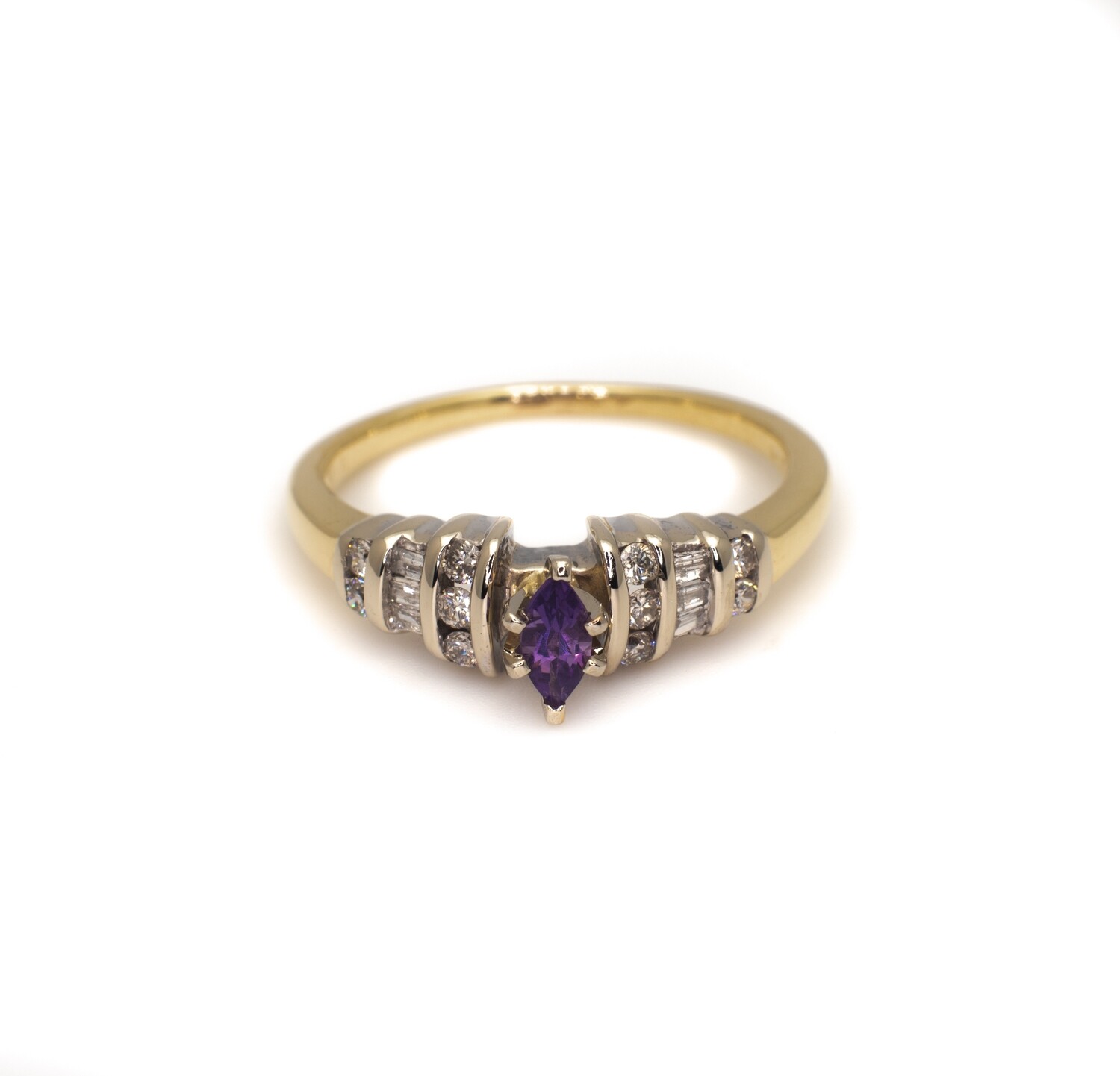 14k Gold Ring with Purple Gemstone and Diamonds. SIZE-6.5