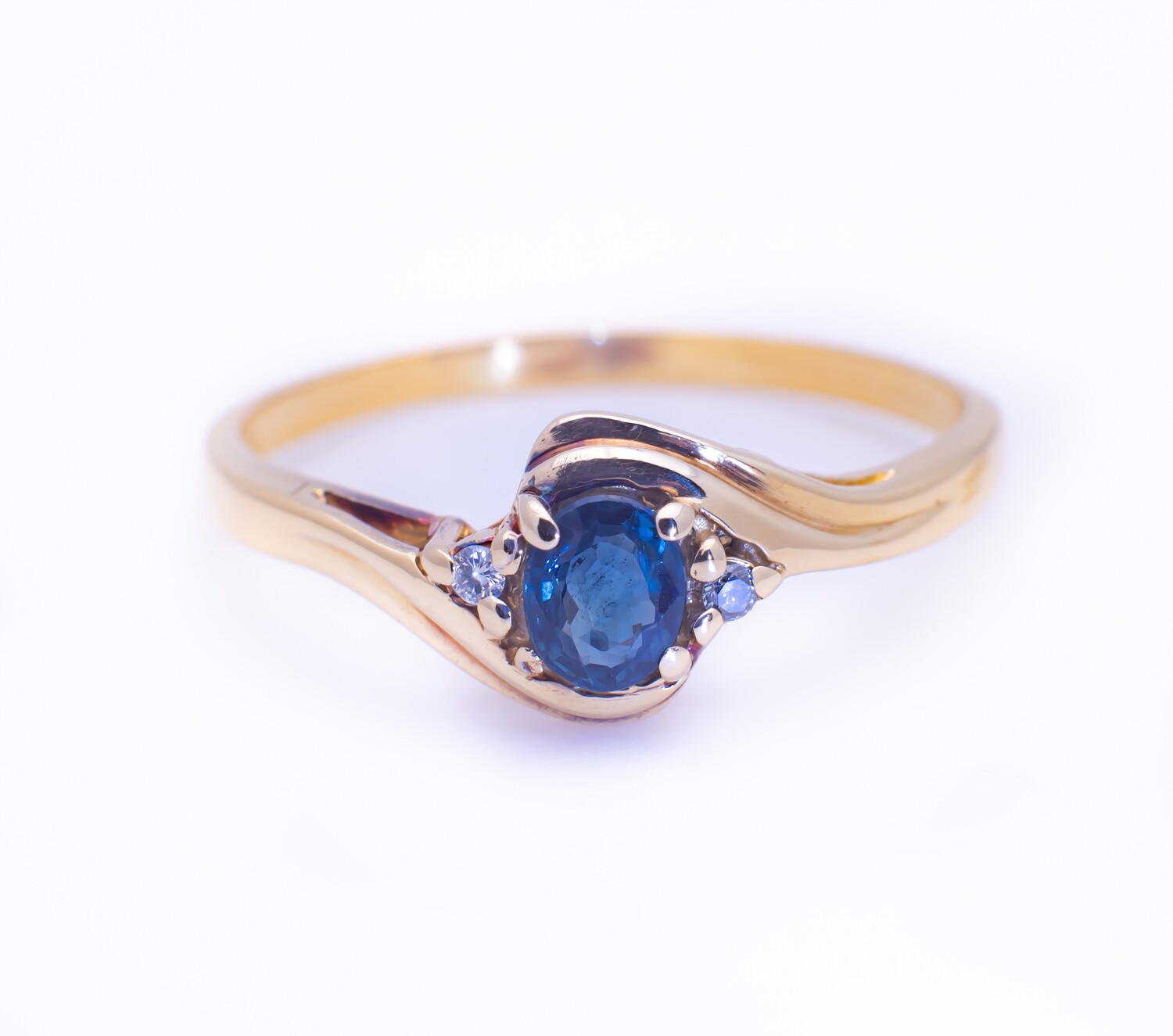 14k Gold Ring with Blue Gemstone and Diamonds. SIZE-10
