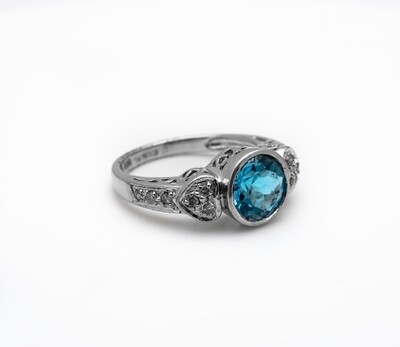 14k Gold Ring With Gem Blue Stone and Diamonds. Size - 6.5