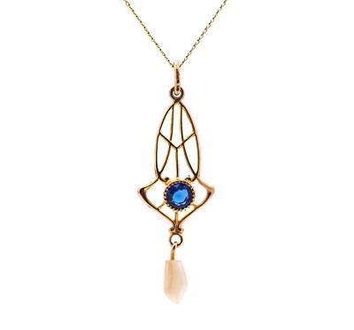 10k Gold Pendant with milk Quartz and navy color Cubic zirconia