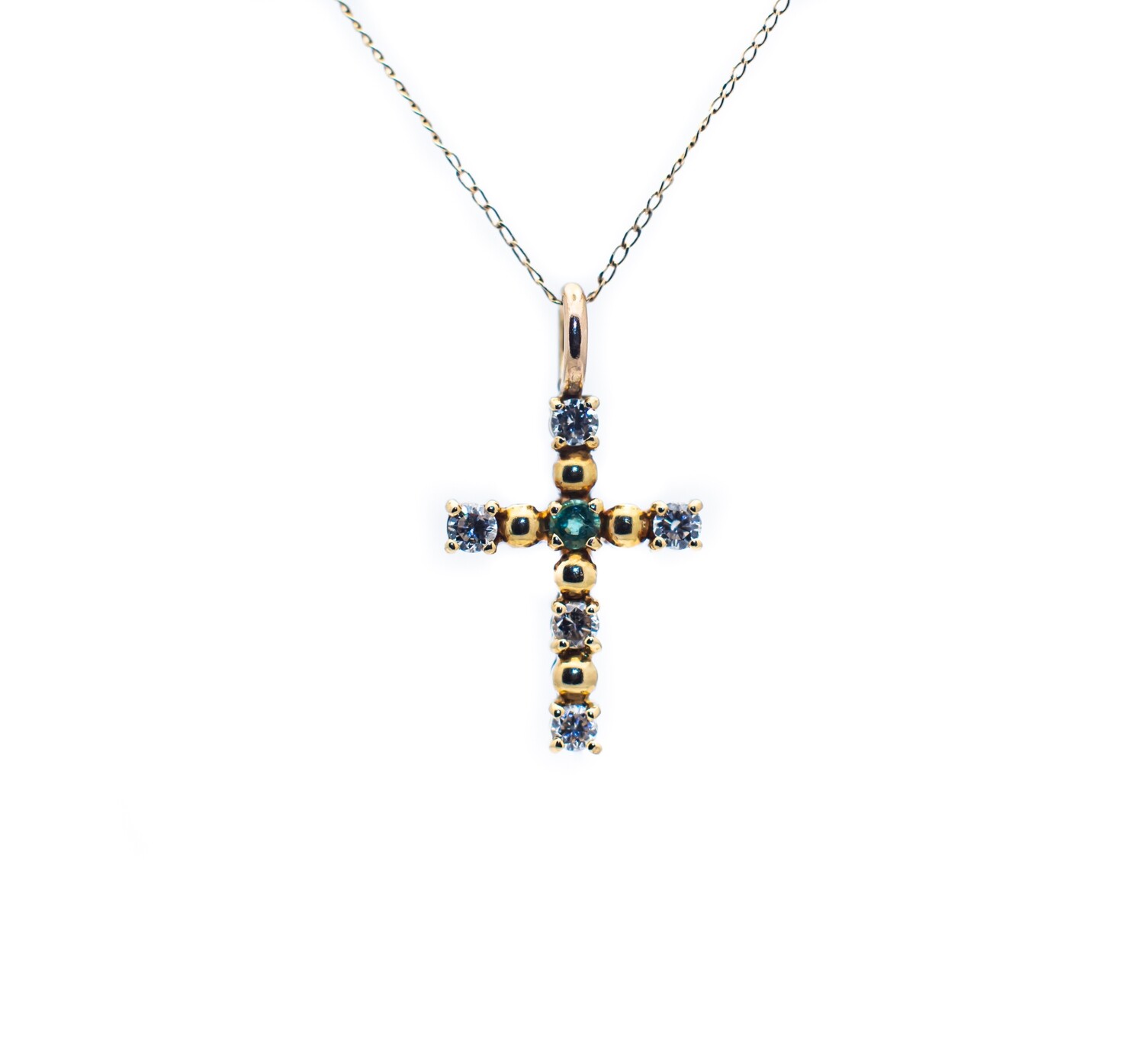 14k Gold Cross with Green Gemstone and Diamonds