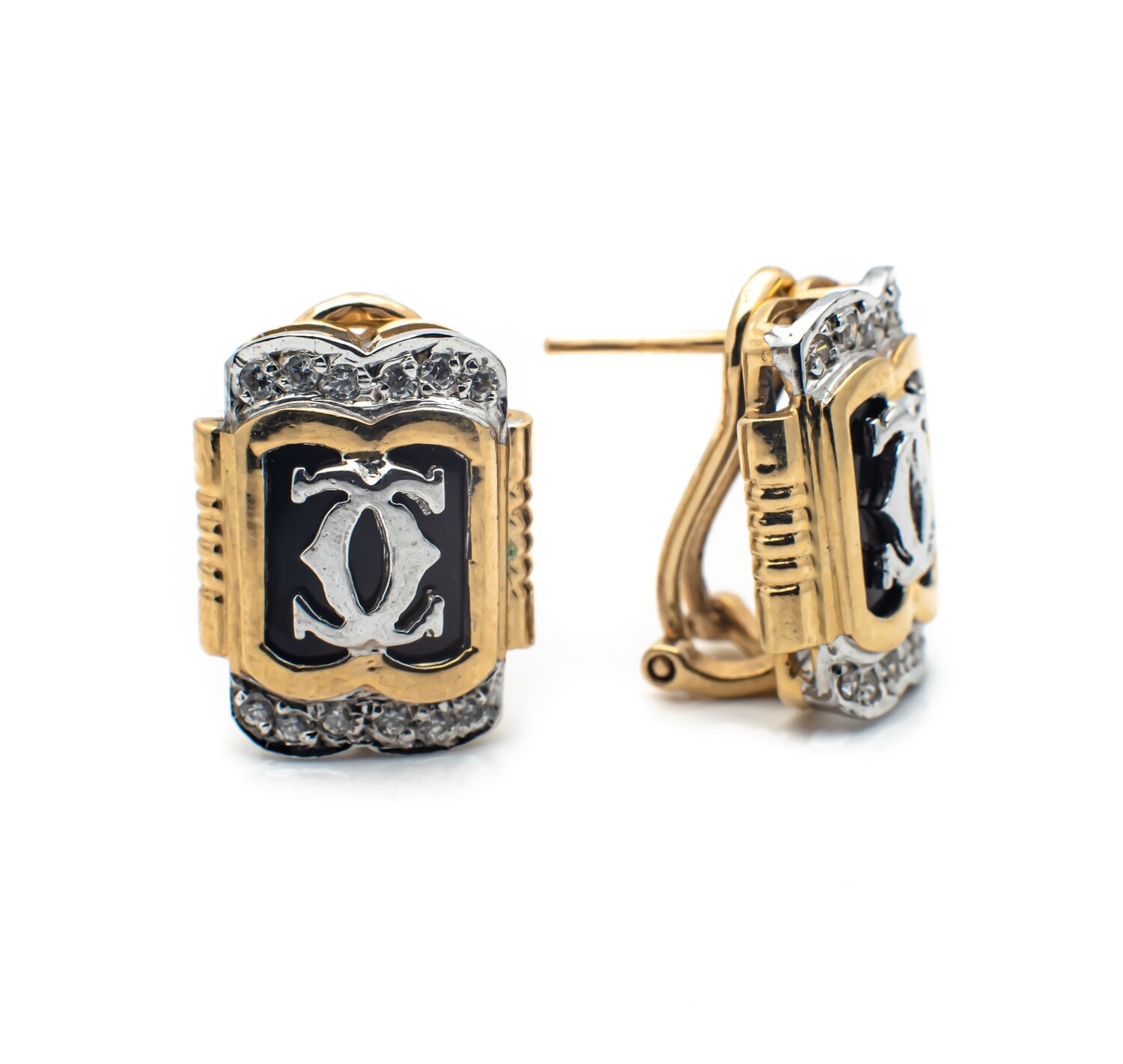 14k Gold Earrings with CZ Stones and Black Gemstone