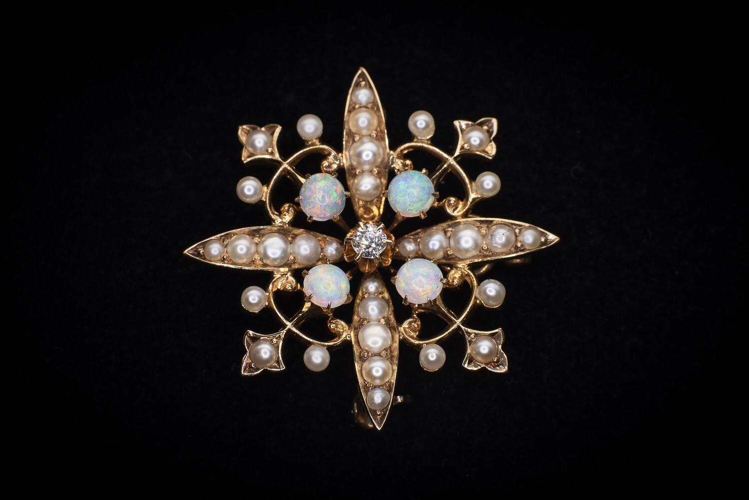 14k Gold Brooch with Opals, Pearls and Diamond