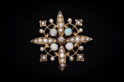 14k Gold Brooch with Opals,Pearls and Diamond​