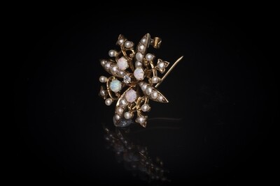 14k Gold Brooch with Opals, Pearls and Diamond