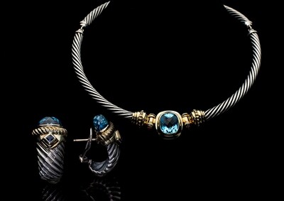 Sterling Silver and 14k Gold Necklace and Earring Set with Topaz. David Yurman
