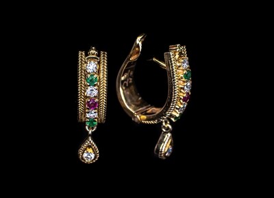 14k Gold Earrings with Gemstones and Diamonds