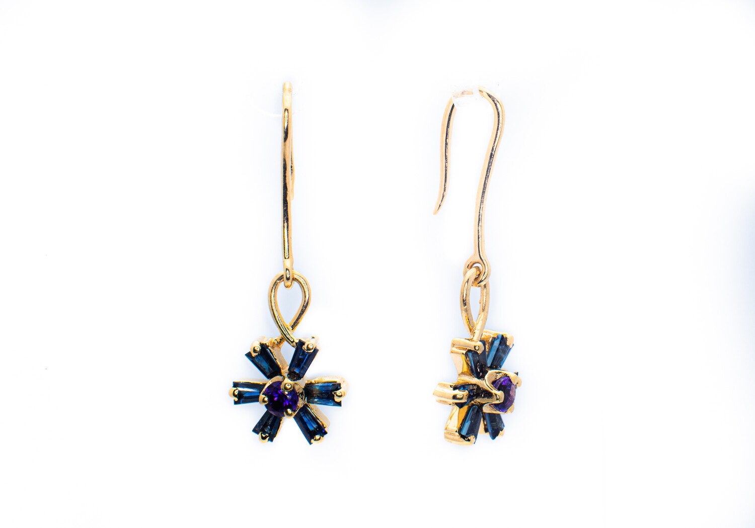 18k Gold Earrings with Blue and Purple Gemstones