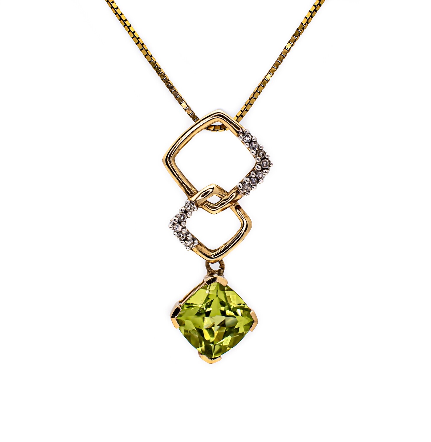 14k Gold Necklace with green Gemstone and Diamonds