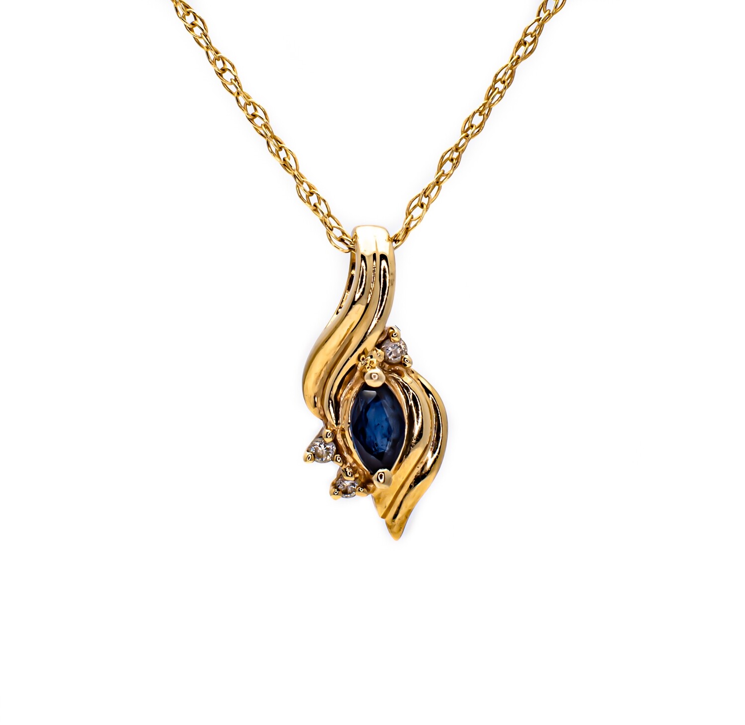 14k Gold Pendant with blue Gemstone and Diamonds