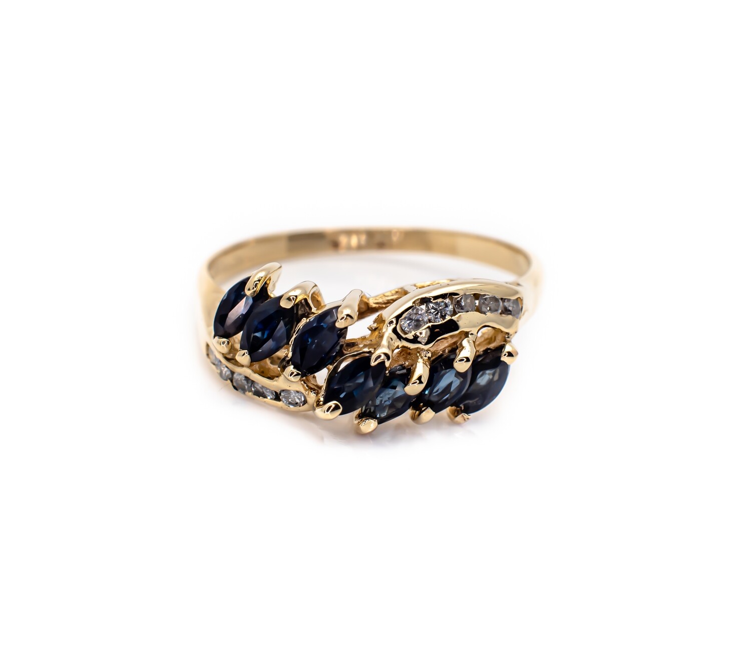 14k Gold Ring with Blue Gemstones and Diamonds