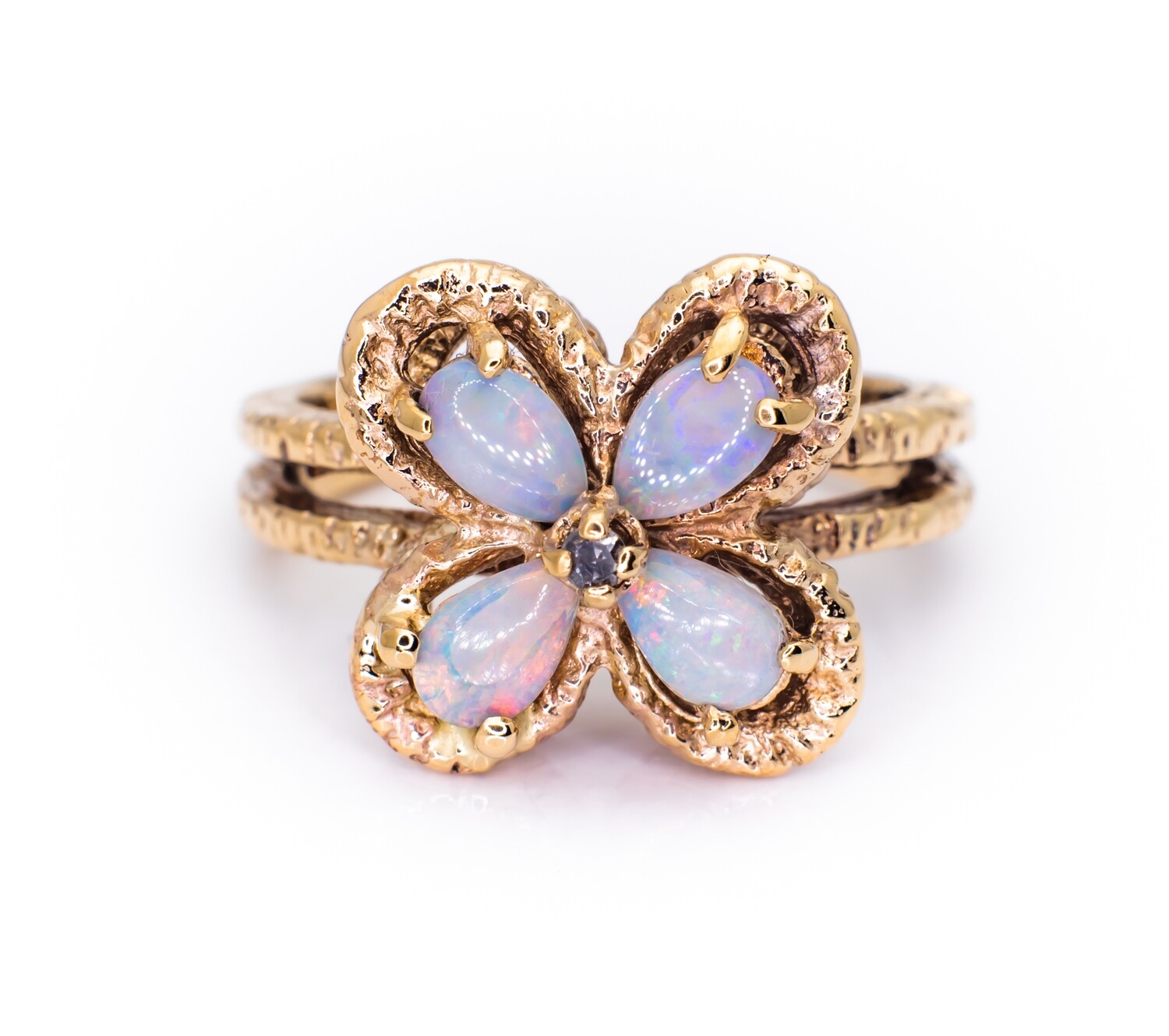 10K Yellow Gold Ring with Opals and Diamond. Size - 5 1/4