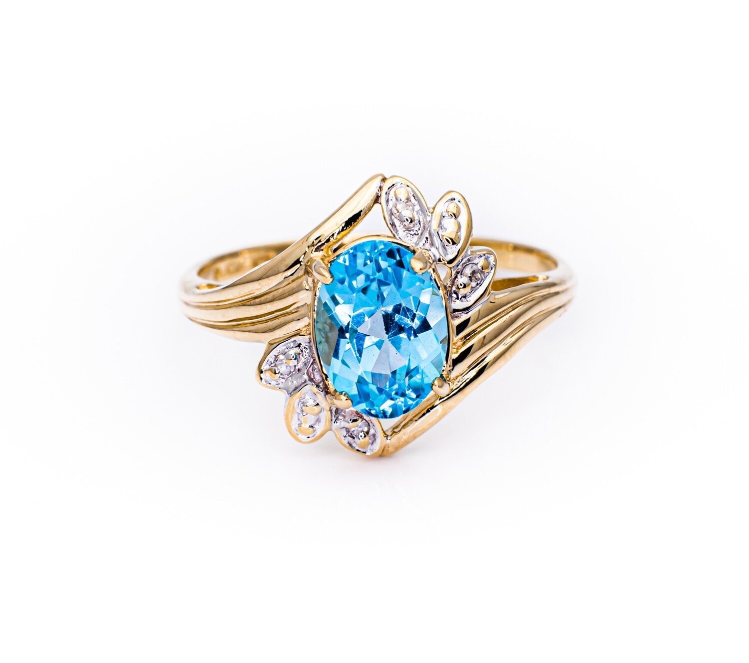 10K Yellow Gold Ring with Blue Topaz and Diamonds. Size - 7