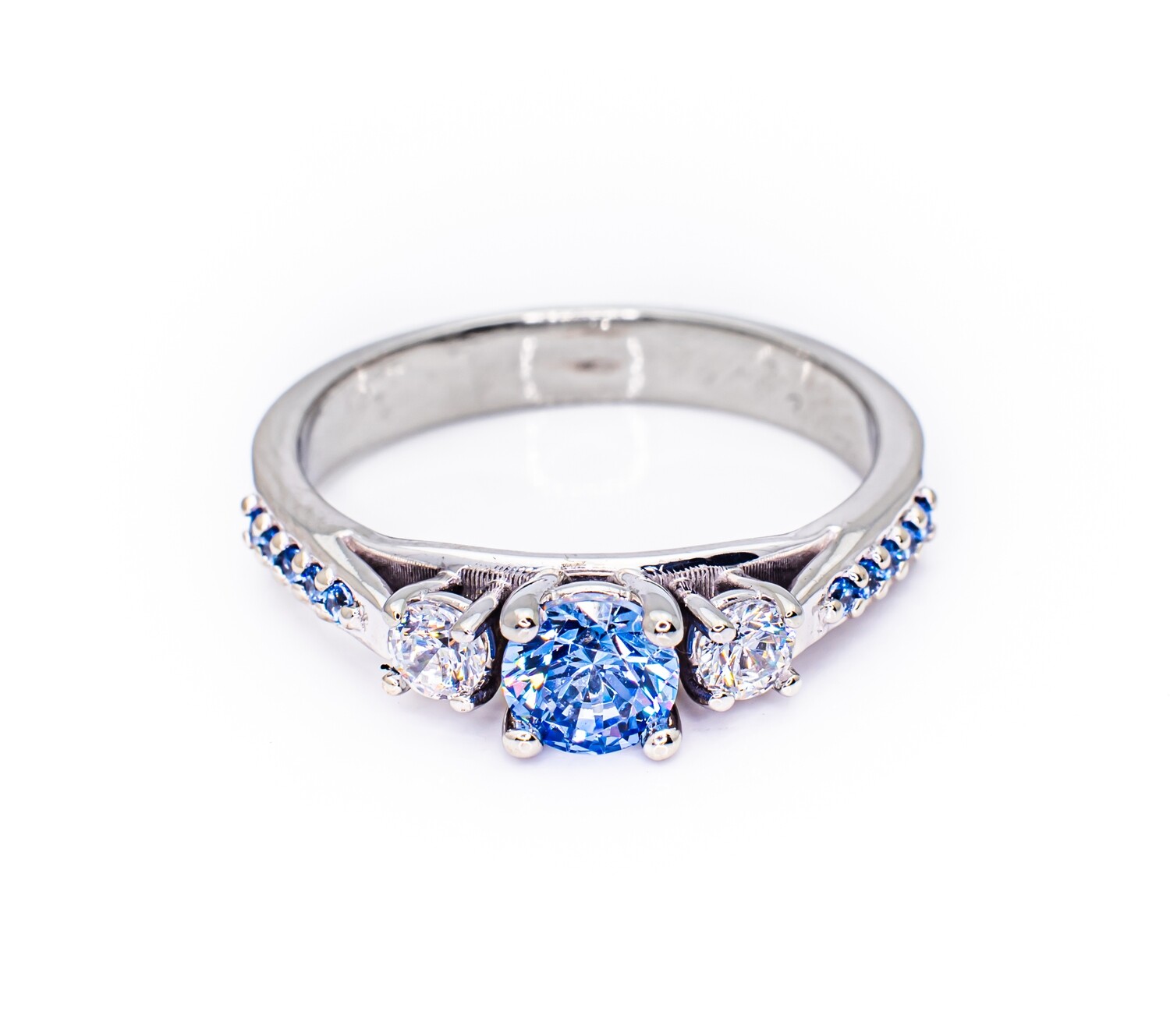 14K White Gold Ring with Aquamarine and CZ Stones. Size - 7
