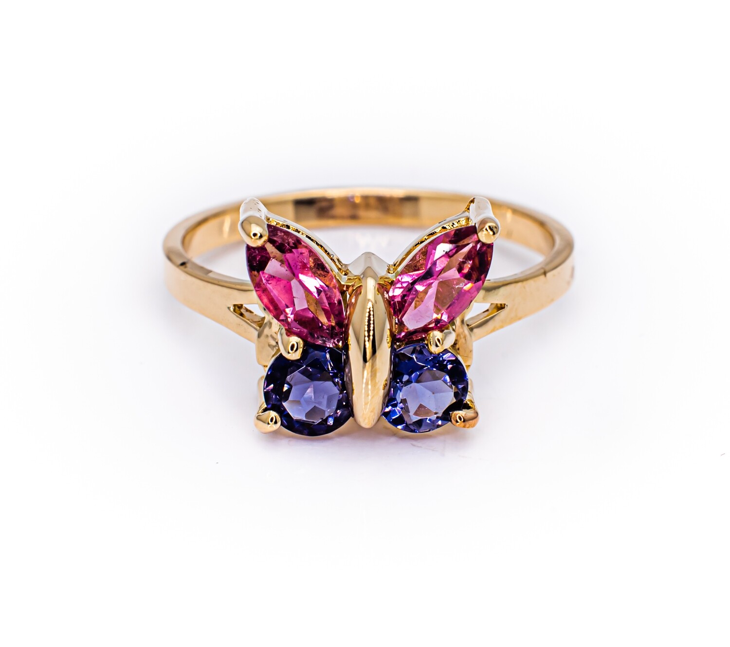 14K Yellow Gold Ring with Pink and Purple Amethysts &#39;Butterfly&#39;. Size - 6