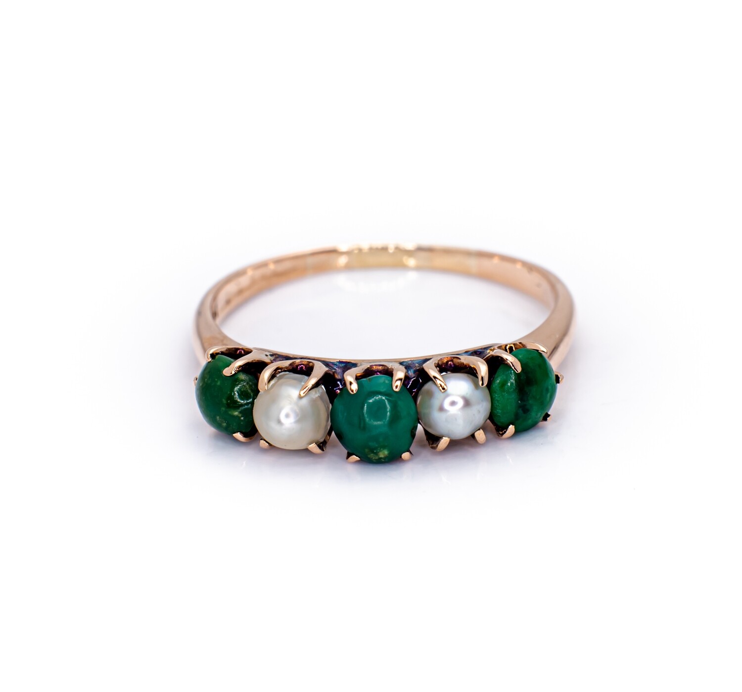 14K Yellow Gold Ring With Pearls and Green Gemstones. Size - 5 3/4