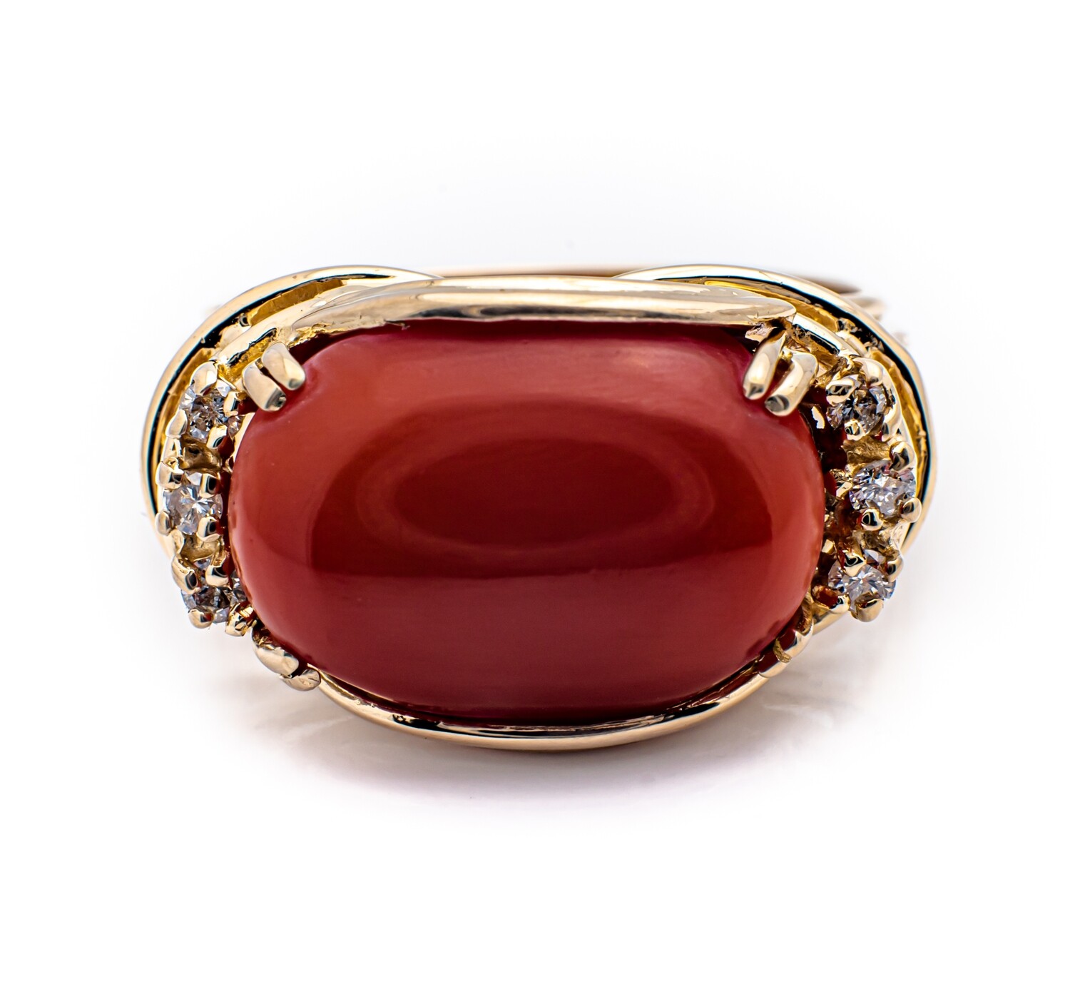 14k Yellow Gold Coral and Diamond Ring Size 8.5