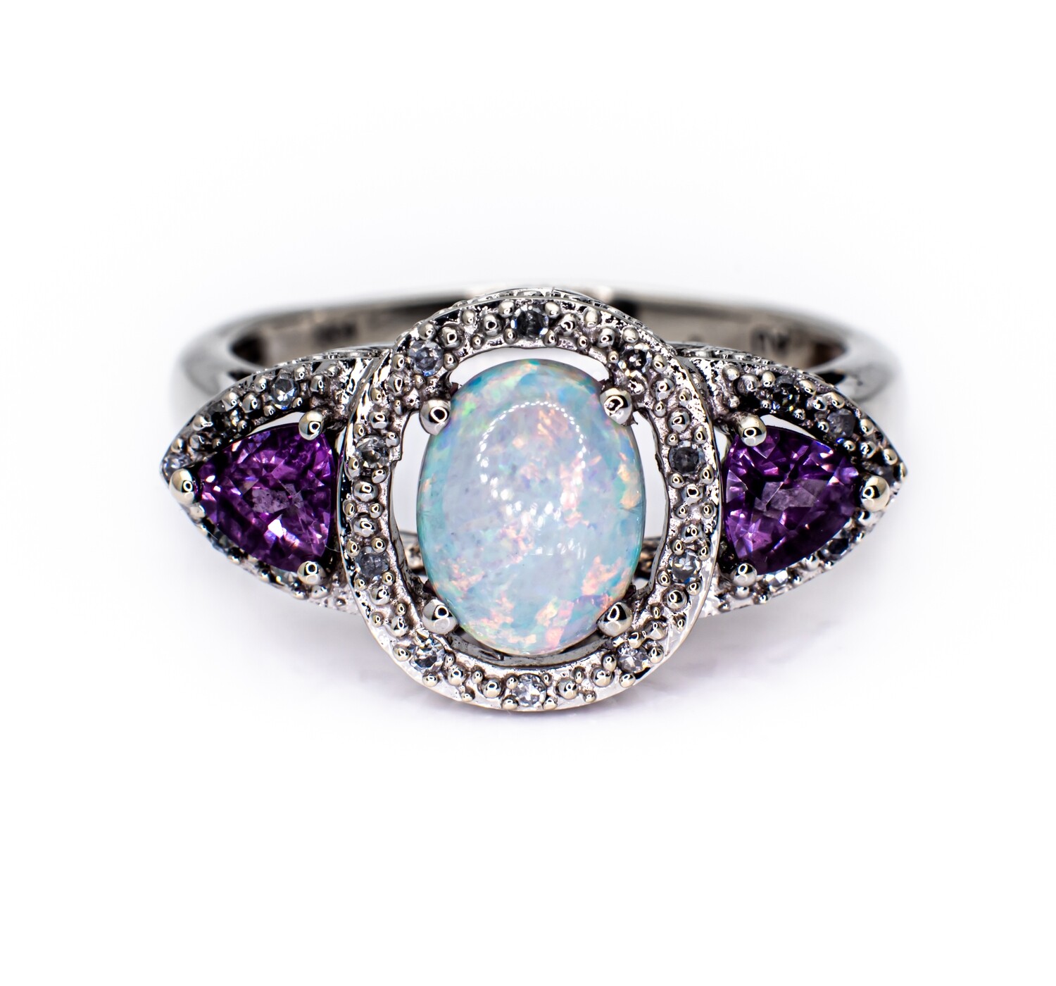 10K White Gold Ring with Opal, Pink Topaz and Diamonds. Size - 7 3/4