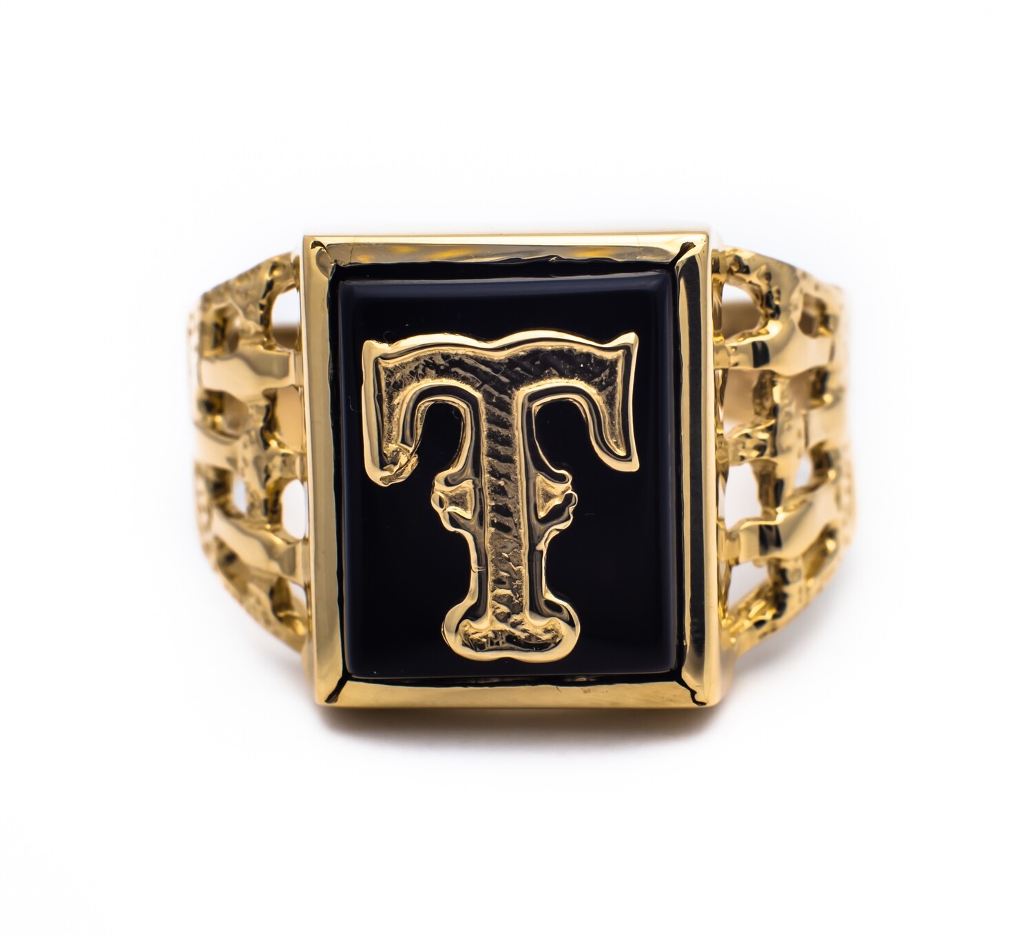 10K Yellow Gold Ring with Onyx &#39;T&#39;. Size - 8