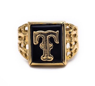 10K Yellow Gold Ring with Onyx &#39;T&#39;. Size - 8