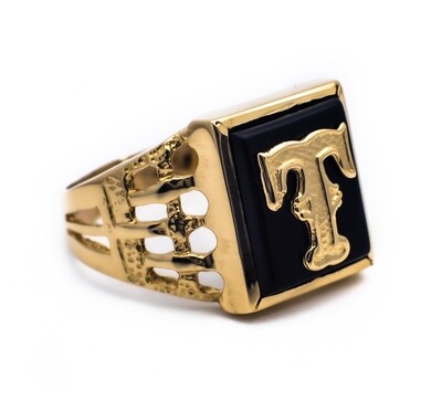 10K Yellow Gold Ring with Onyx 'T'. Size - 8