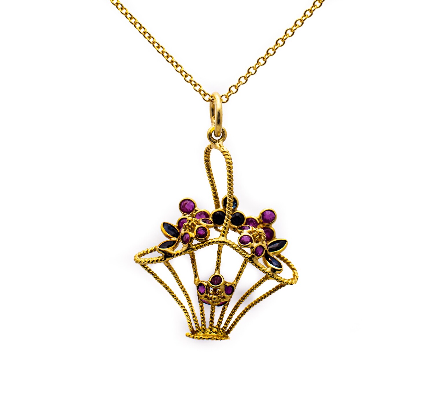 18K Yellow Gold Pendant with Pink and Blue Sapphires &quot;Basket of Flowers&quot;