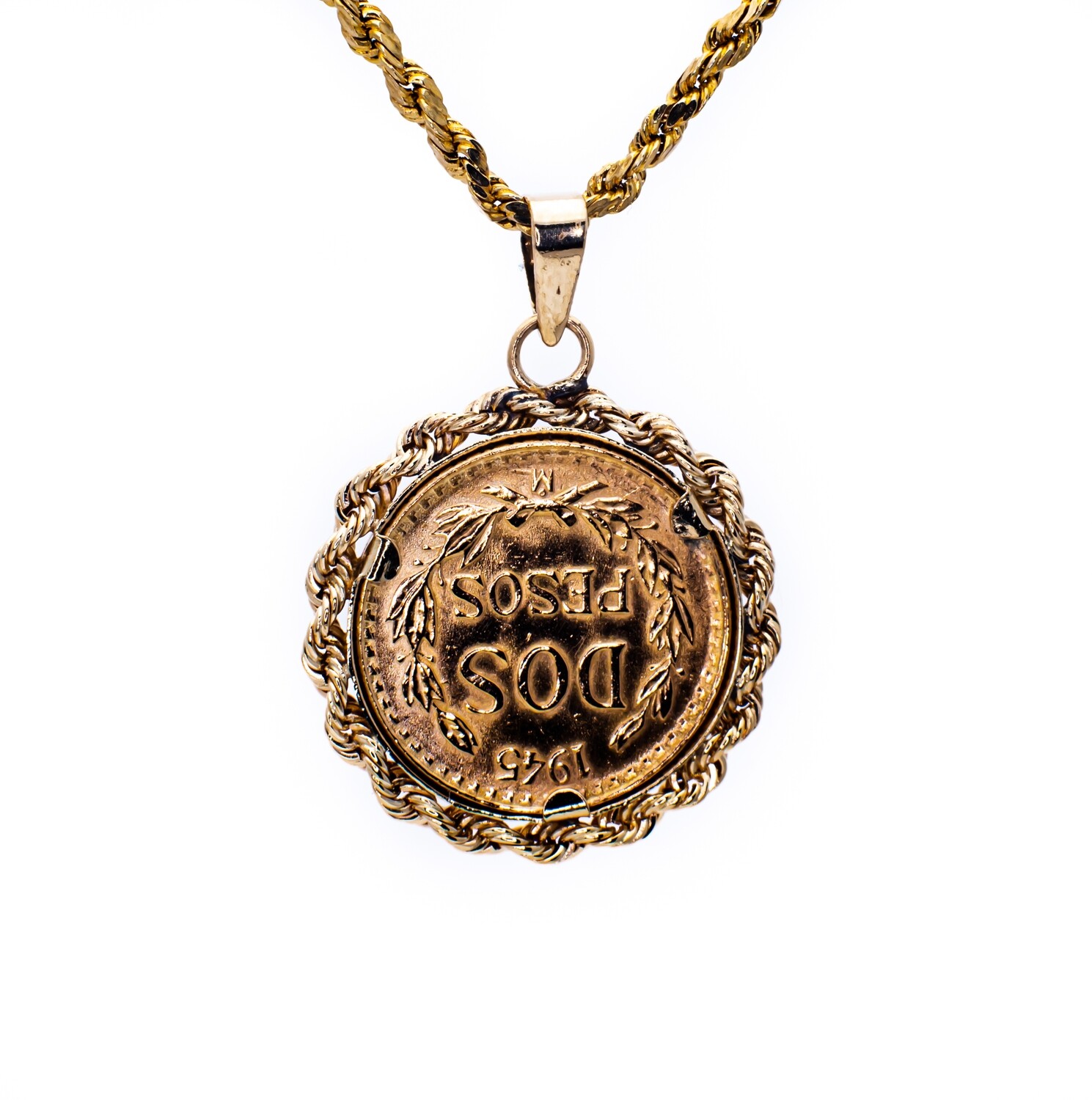14K Yellow Pendant with Mexican Coin DOS PESOS 1945