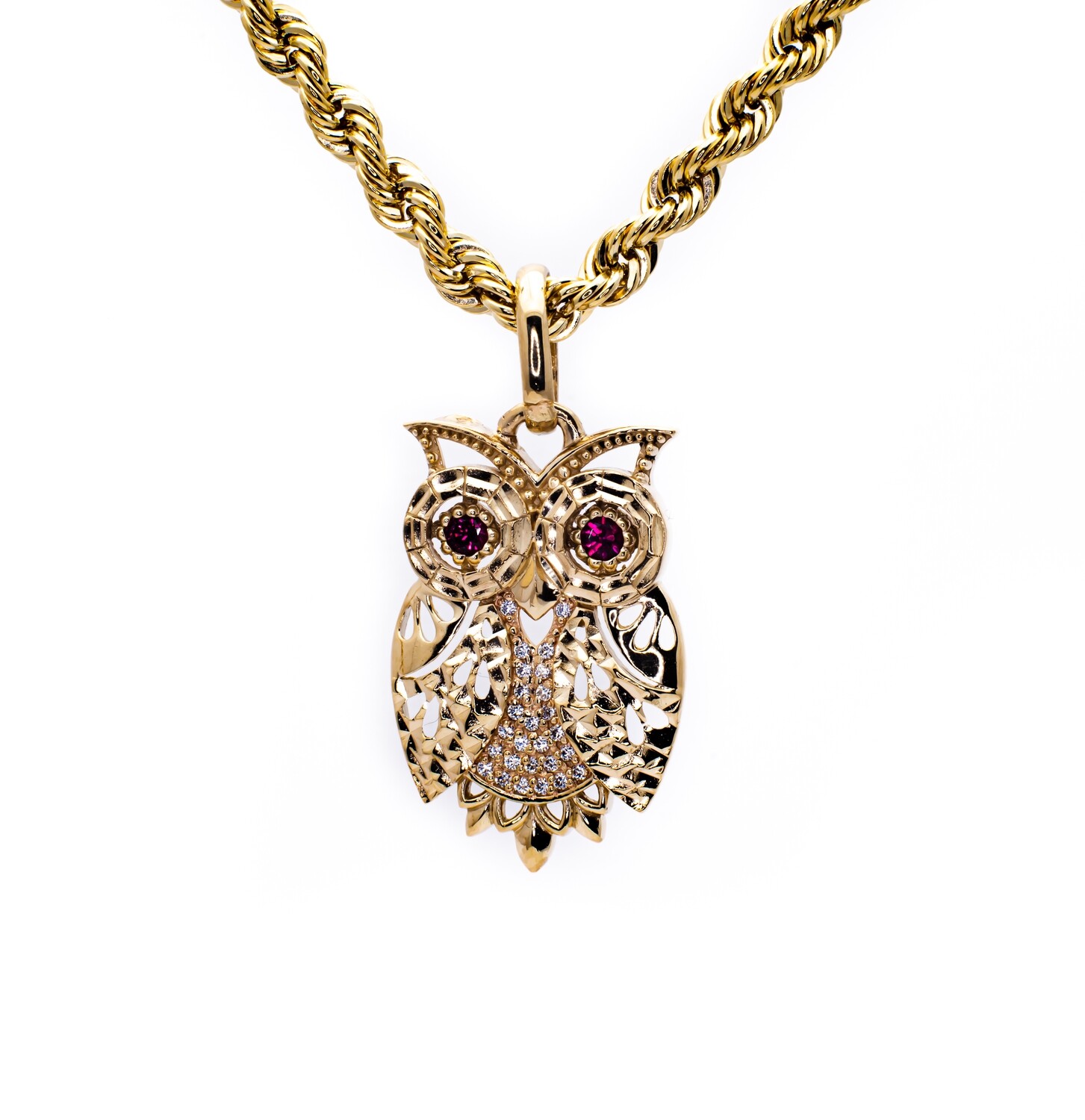 14K Yellow Gold Pendant with Red Sapphires &#39;Owl&#39;