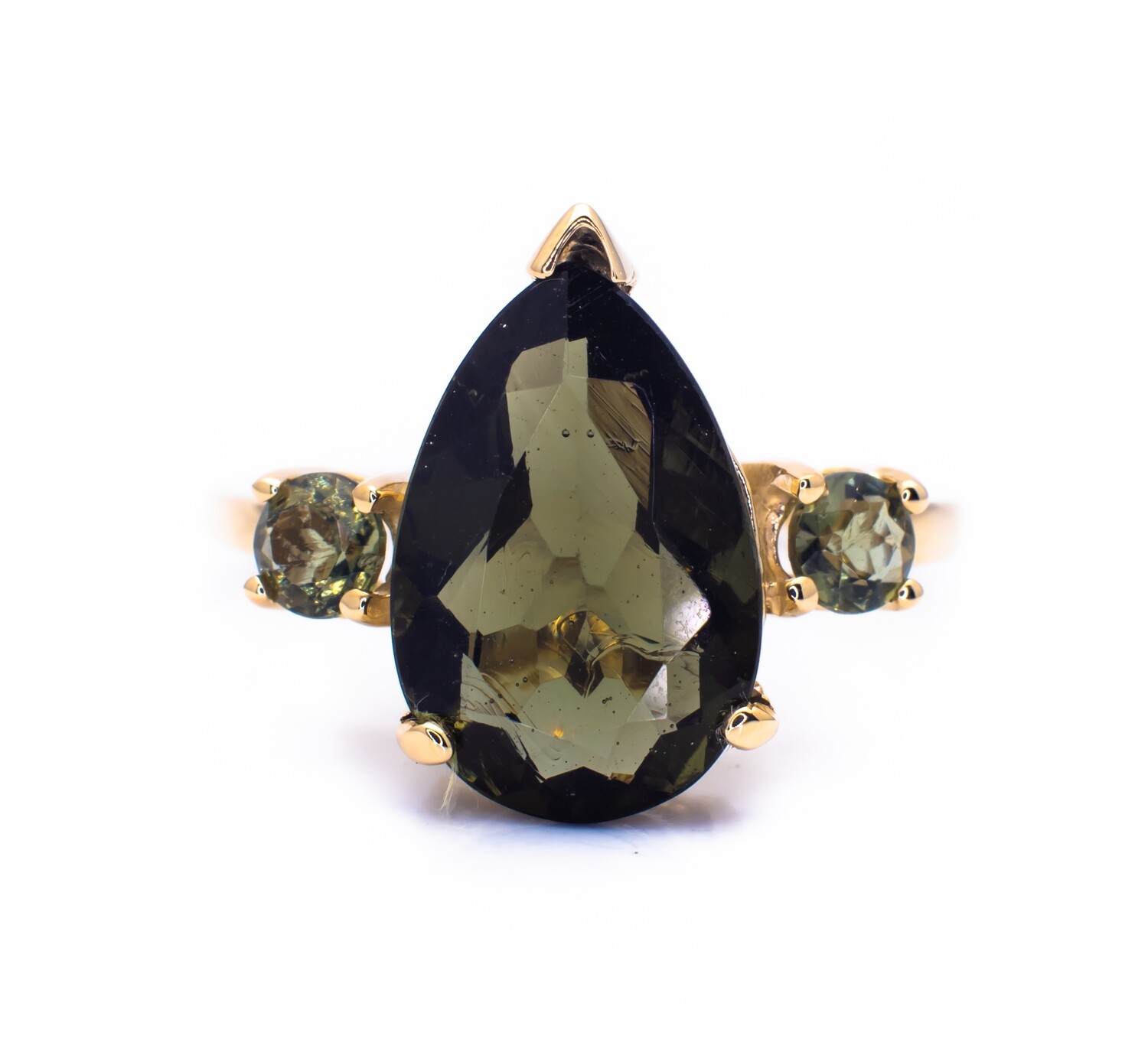 14K Yellow Gold Ring with Green Gemstones. Size - 10