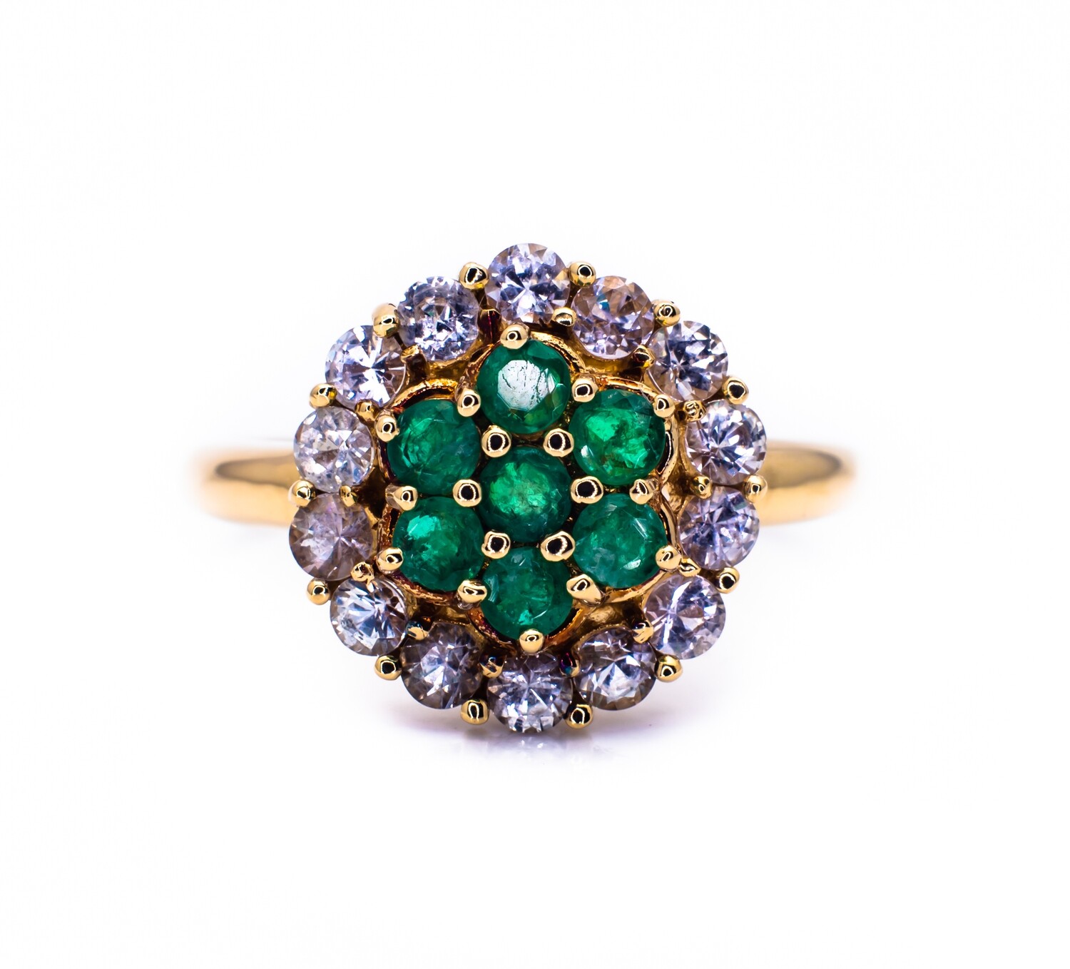14K Yellow Gold Ring with Natural Emeralds and Clear Sapphires. Size - 6