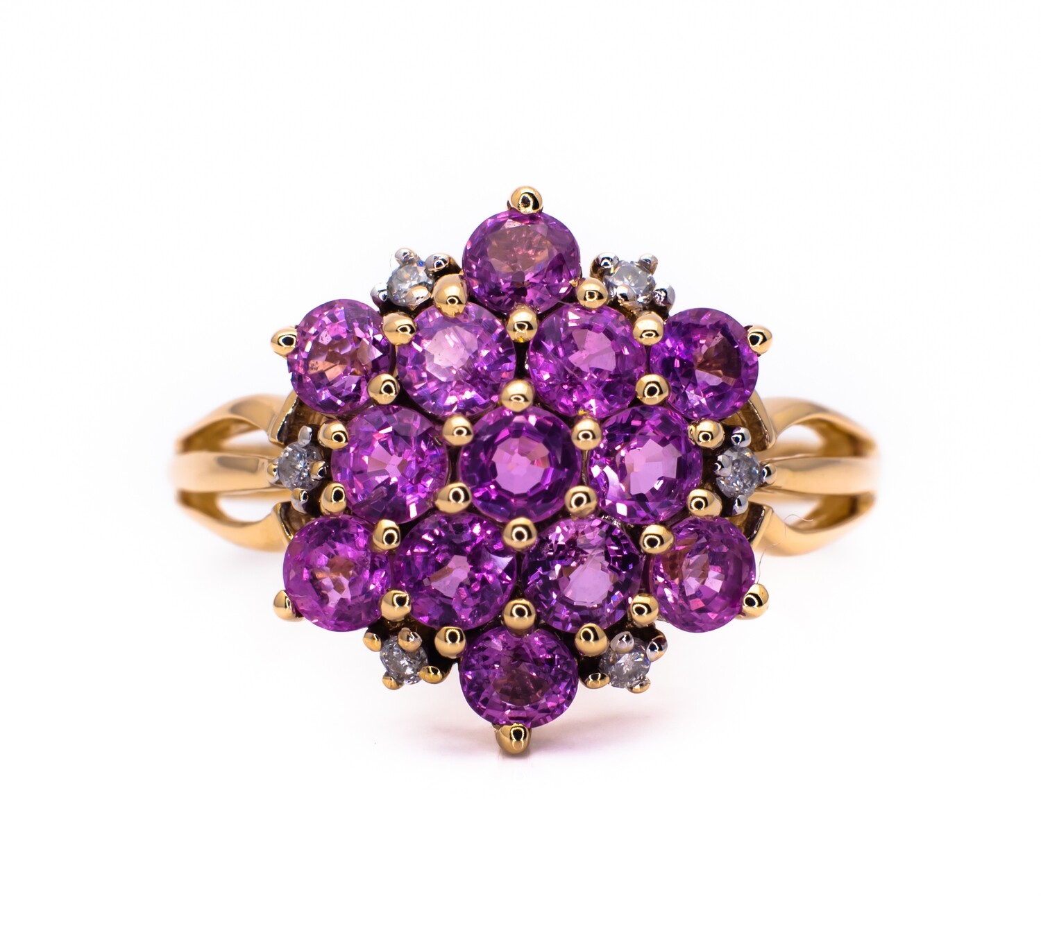 14K Yellow Gold Ring with Pink Sapphires and Diamonds. Size - 6