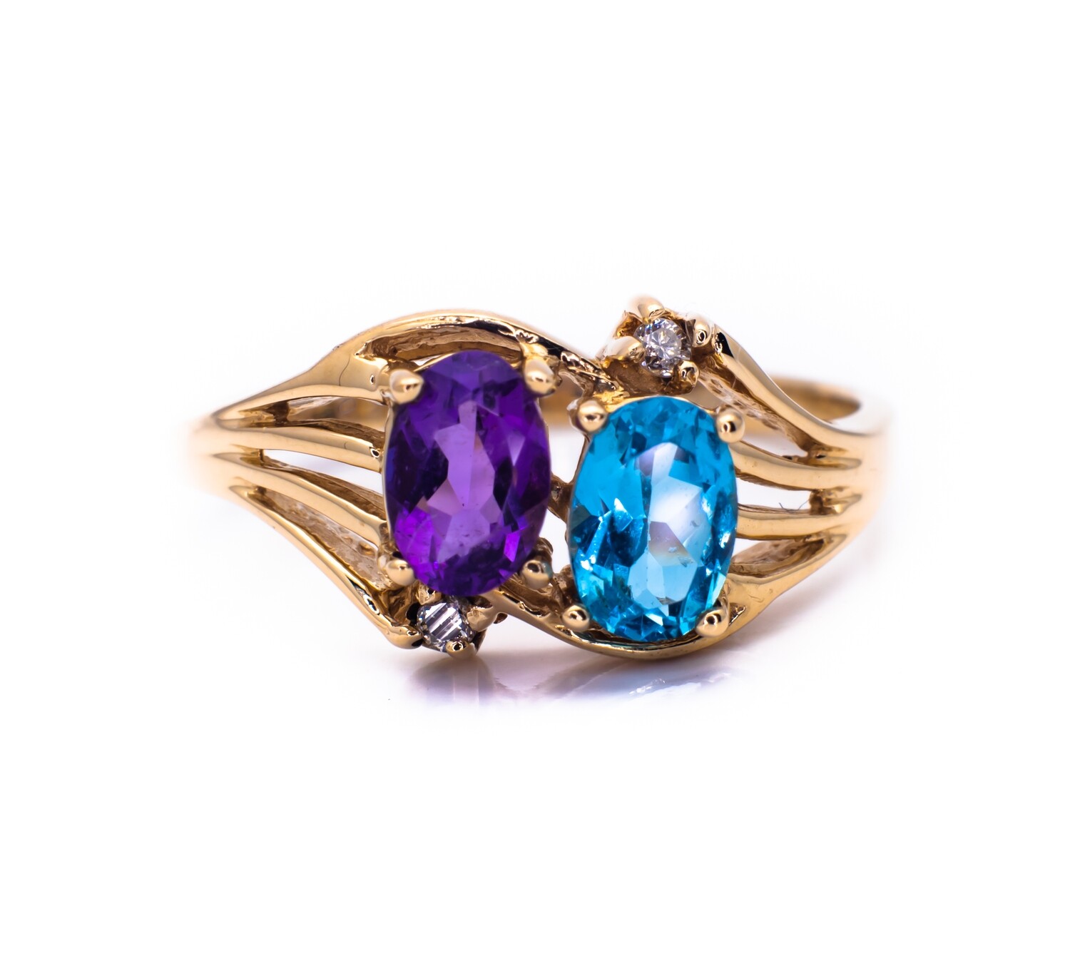10K Yellow Gold Ring with Amethyst, Blue Topaz and Diamonds. Size - 6 1/2