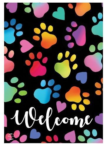 Rainbow Pawprints Welcome Garden Flag