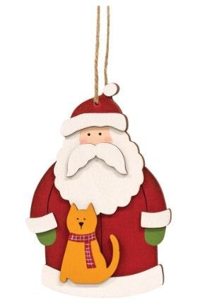 Santa w/ Cat Wooden Ornament