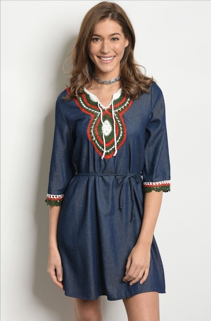 Blue denim dress embroidered white/Red/olive