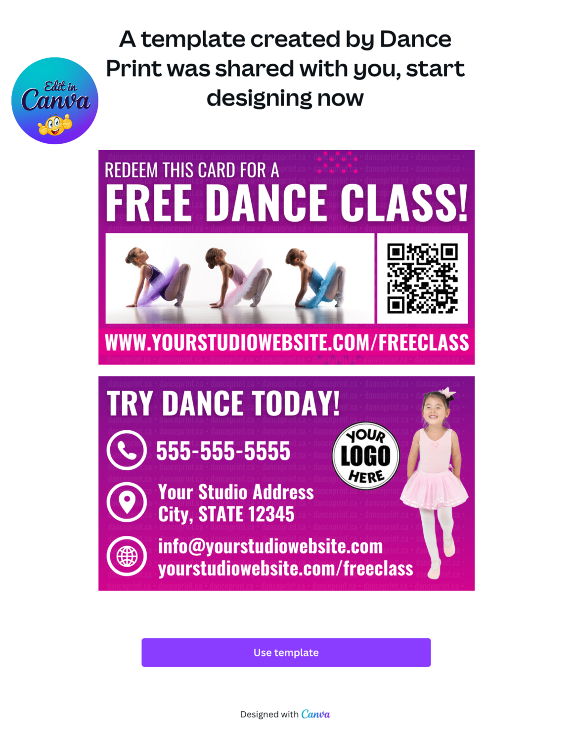 Canva Template: Free Dance Class - Business Card Size