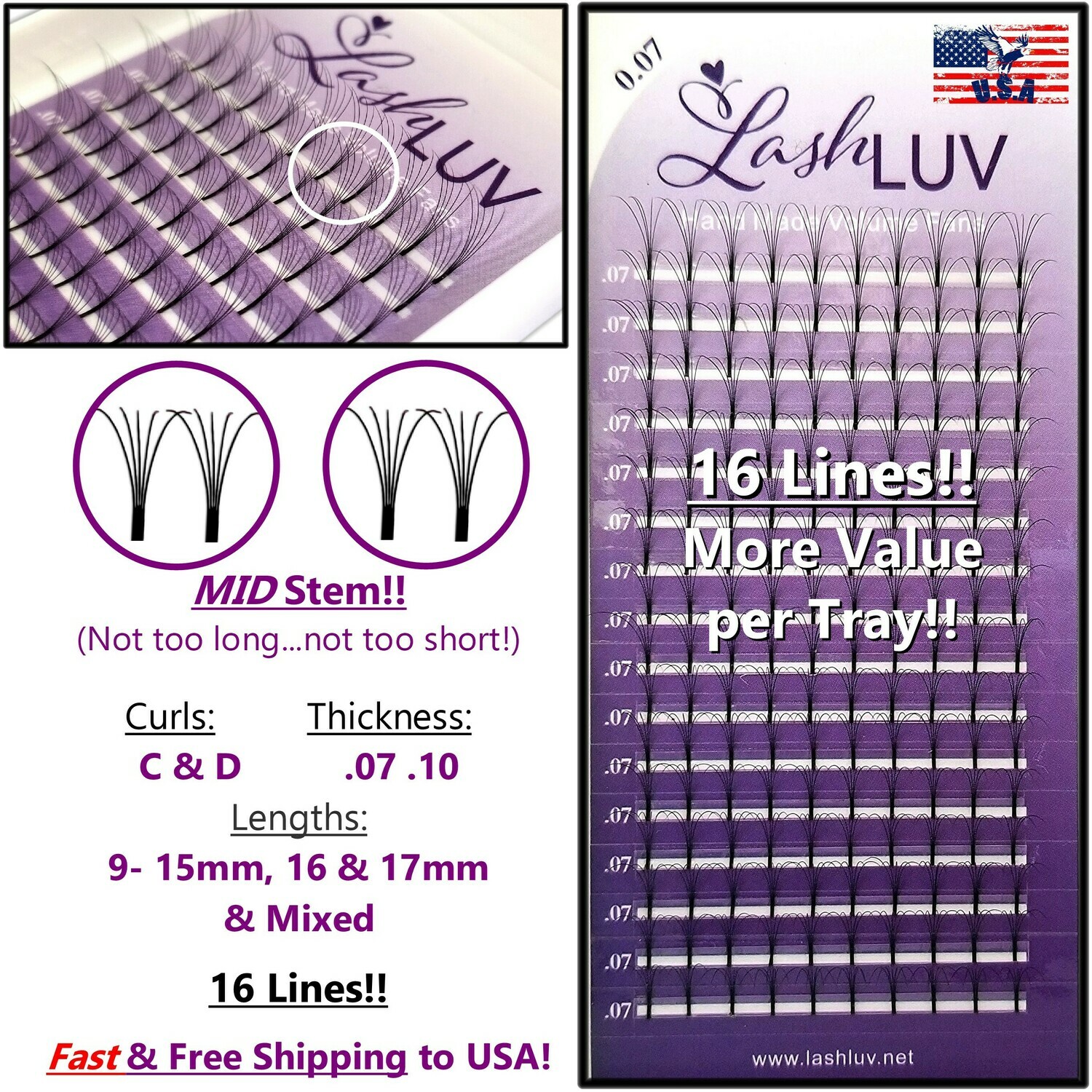 5D Premade Volume Eyelash Extensions 16 ROWS .07 .10 C&D Curl