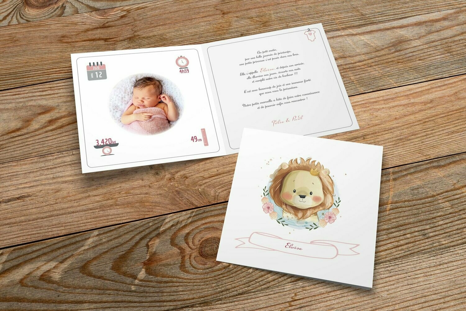 Faire-Part Naissance - Bébé Princesse Lionne (Carton plié)