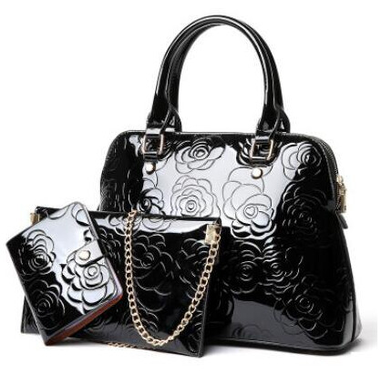 Floral Printing 3PCS Set Messenger Bag Shoulder Tote+Purse Clutch (Black) 