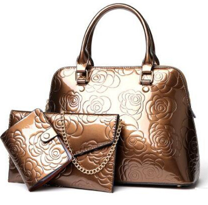 Floral Printing 3PCS Set Messenger Bag Shoulder Tote+Purse Clutch (Bronze)