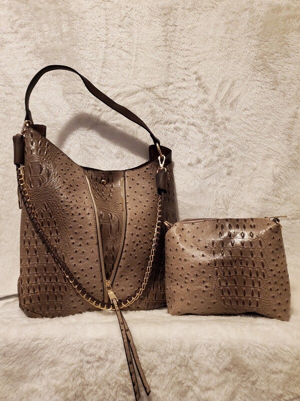 Brown Ostrich V Zip Hobo Pursenality Set