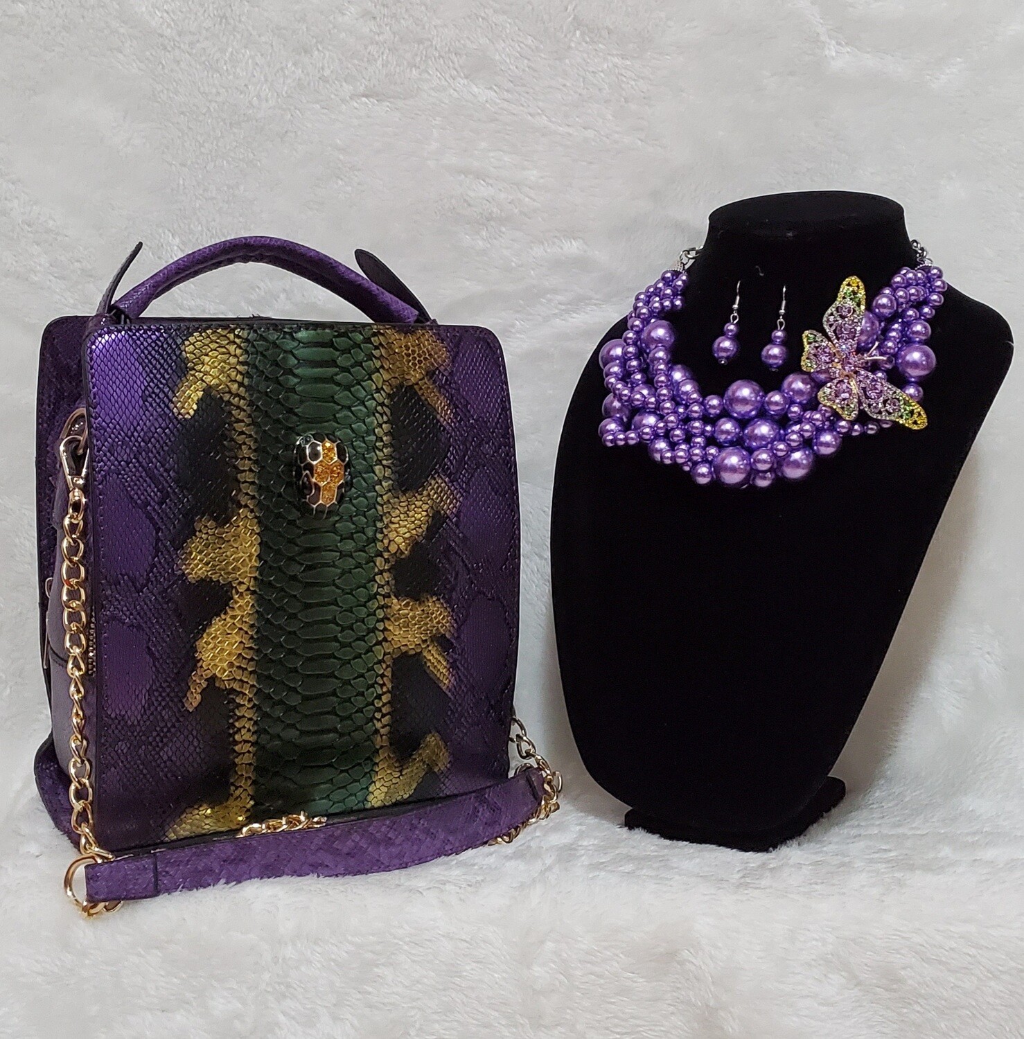 Purple Snake Skin Satchel with Royal Pearl Butterfly Necklace Set