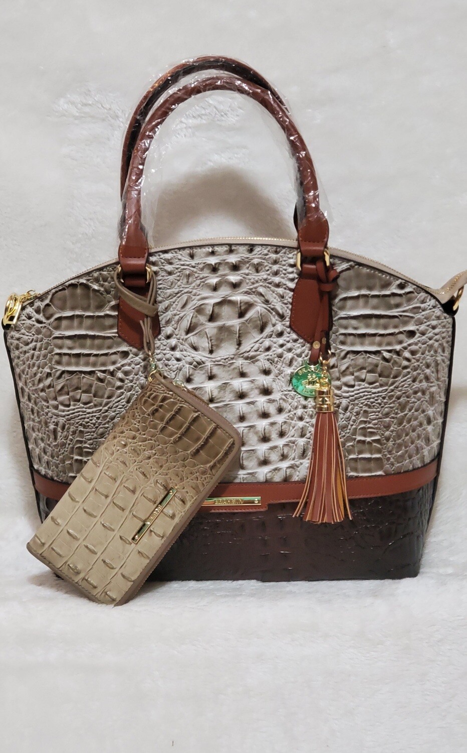 Brahmin Luxury Style Bag Grey/Carmel with Wallet